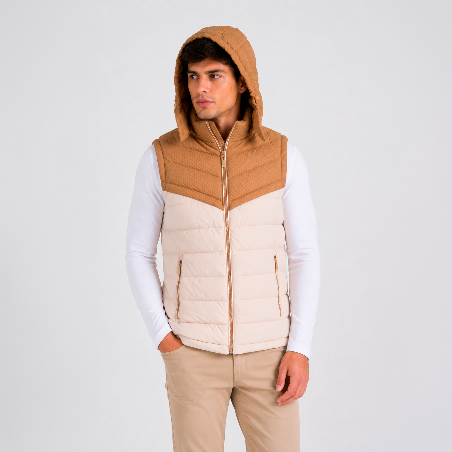 Chaleco Puffer Hombre con Capucha Ajustable LX2618 - Beige