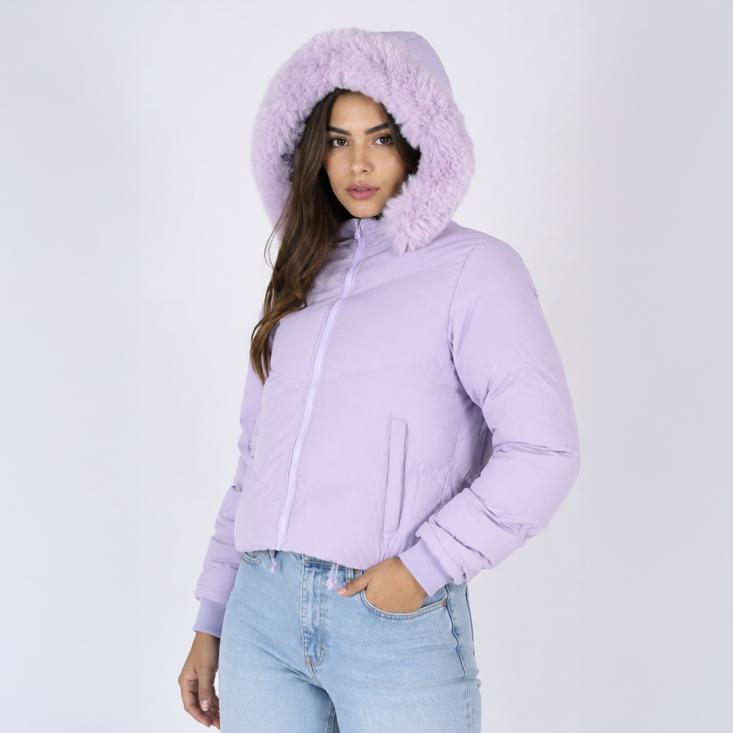 Casaca Puffer Corta para Mujer Belinda 9914 con Capucha de Peluche - Lila