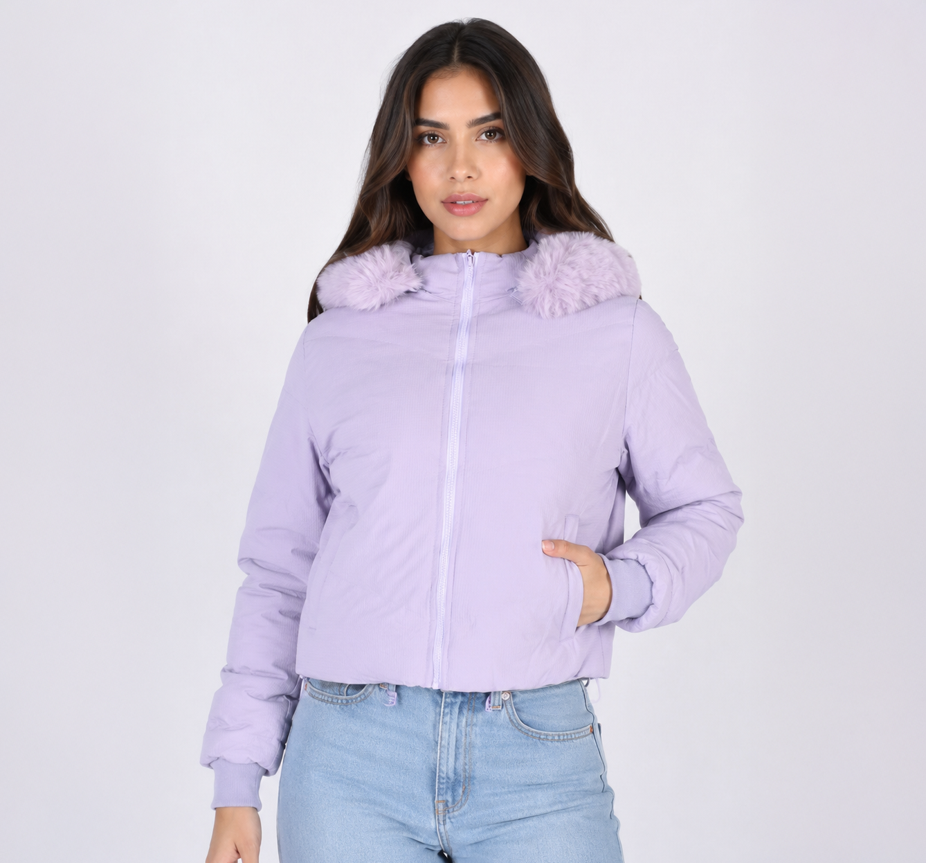 Casaca Puffer Corta para Mujer Belinda 9914 con Capucha de Peluche - Lila