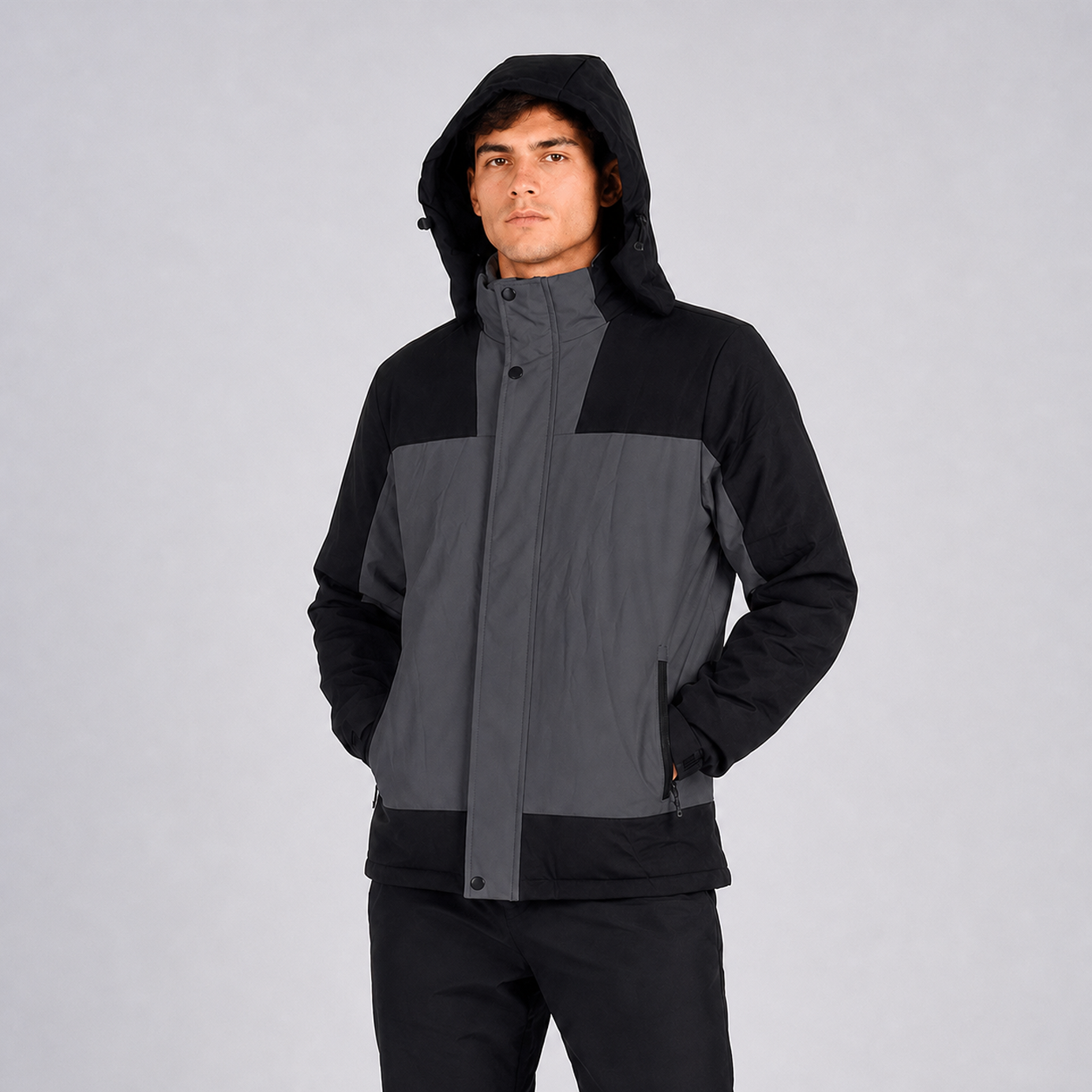 Casaca Impermeable con Capucha para Hombre Belinda F9901 - Gris Militar/Negro