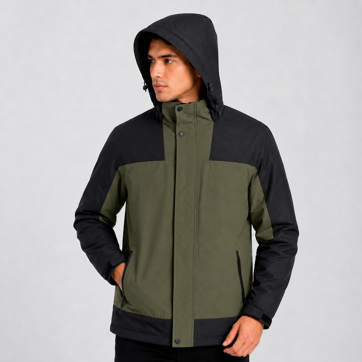 Casaca Impermeable con Capucha para Hombre Belinda F9901 - Verde Militar/Negro