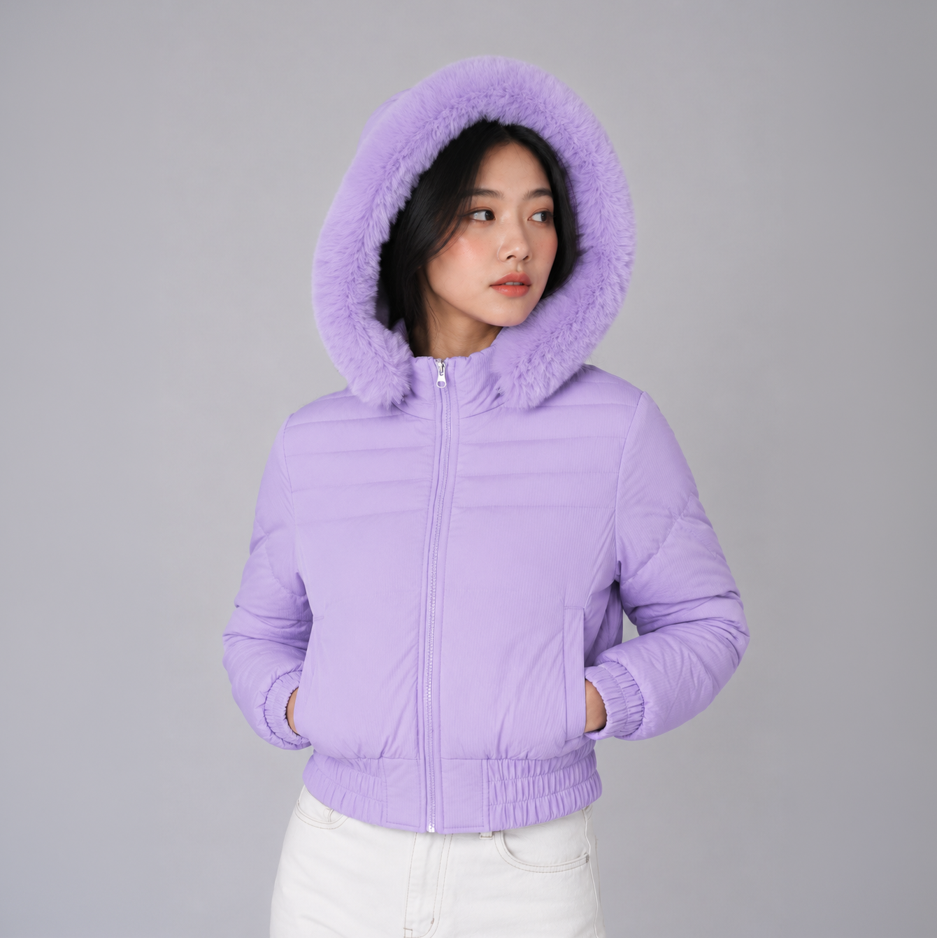 Casaca Crop Puffer Belinda 9918 Con Capucha Peluche Para Mujer - Lila