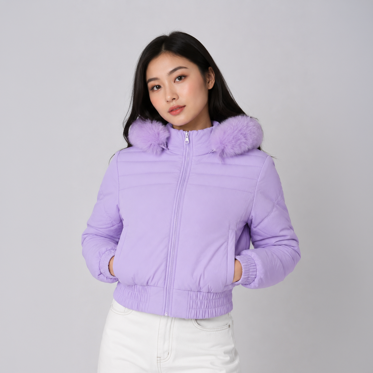 Casaca Crop Puffer Belinda 9918 Con Capucha Peluche Para Mujer - Lila