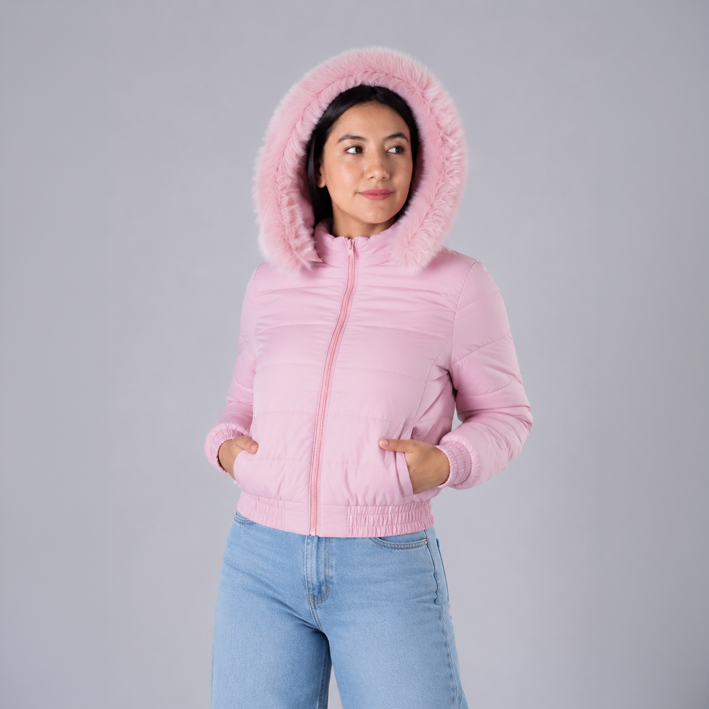 Casaca Crop Puffer Belinda 9918 Con Capucha Peluche Para Mujer - Rosado