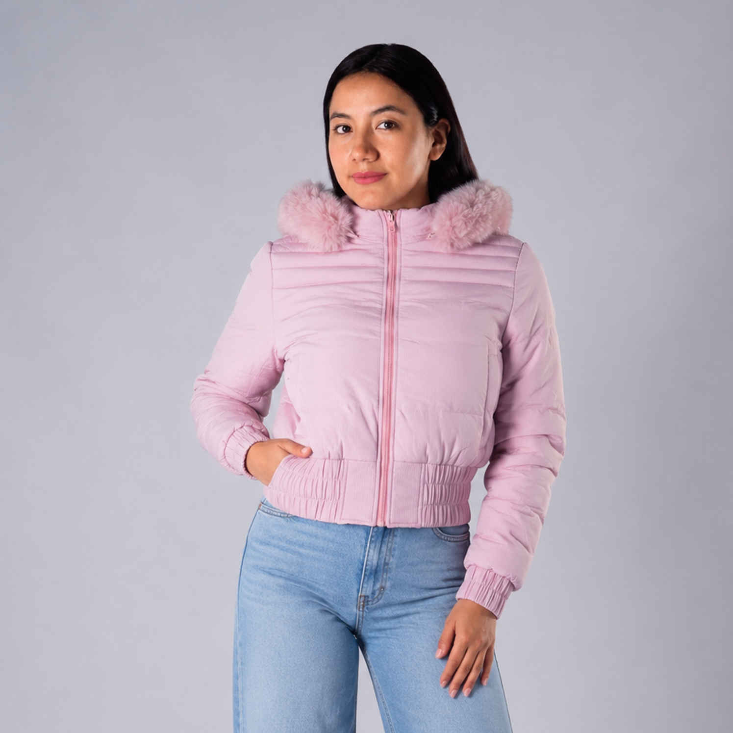 Casaca Crop Puffer Belinda 9918 Con Capucha Peluche Para Mujer - Rosado