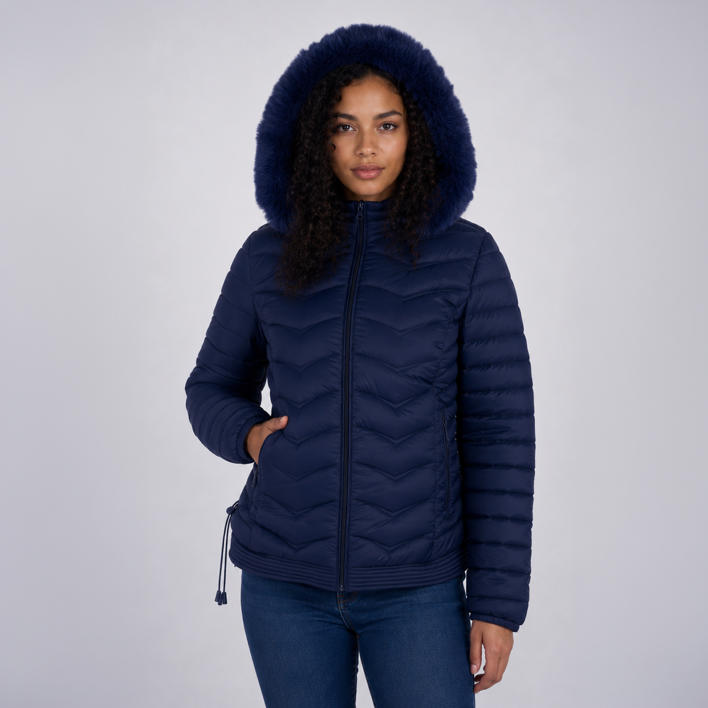 Casaca Puffer Entallada Belinda A2707 Con Capucha Peluche Para Mujer - Azul