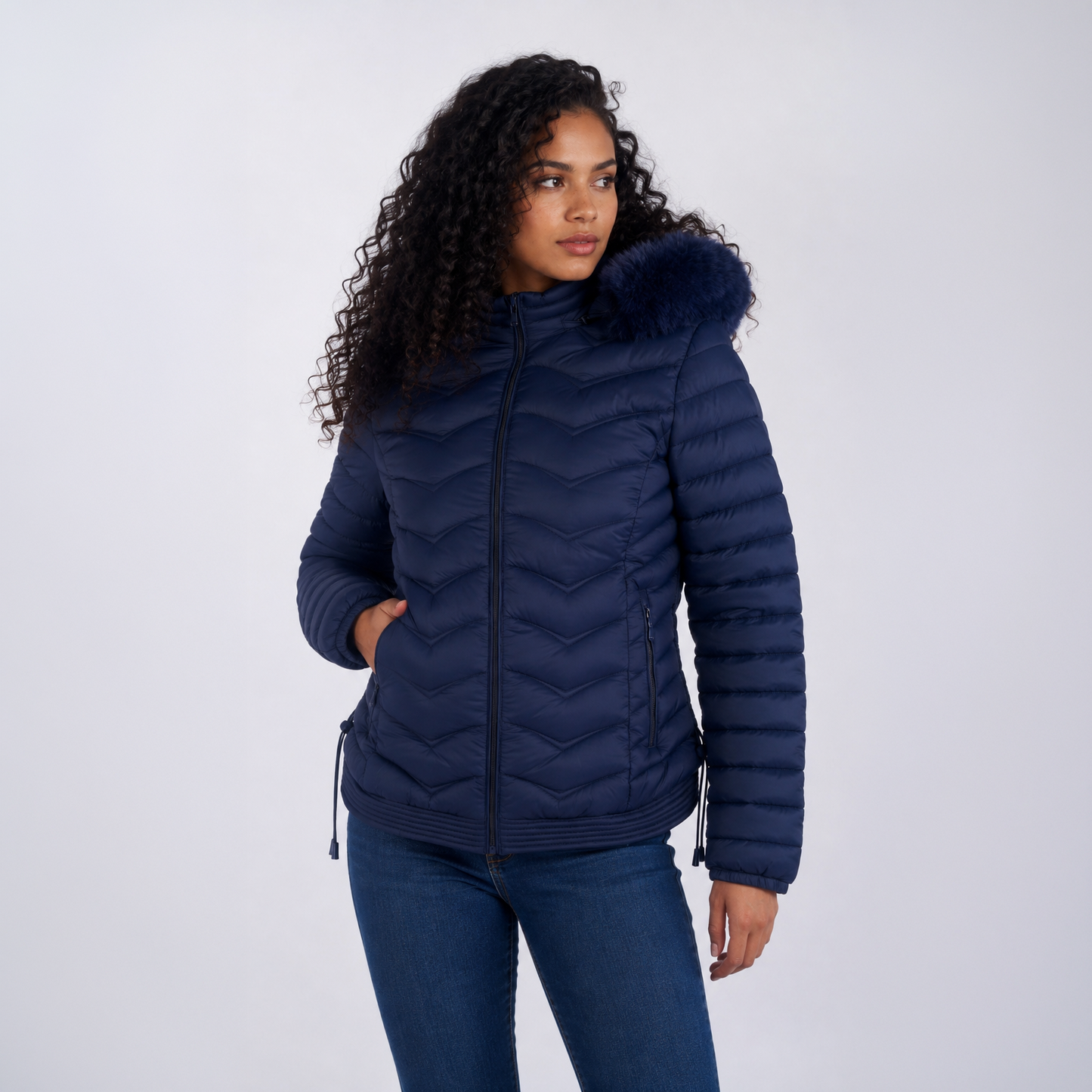 Casaca Puffer Entallada Belinda A2707 Con Capucha Peluche Para Mujer - Azul