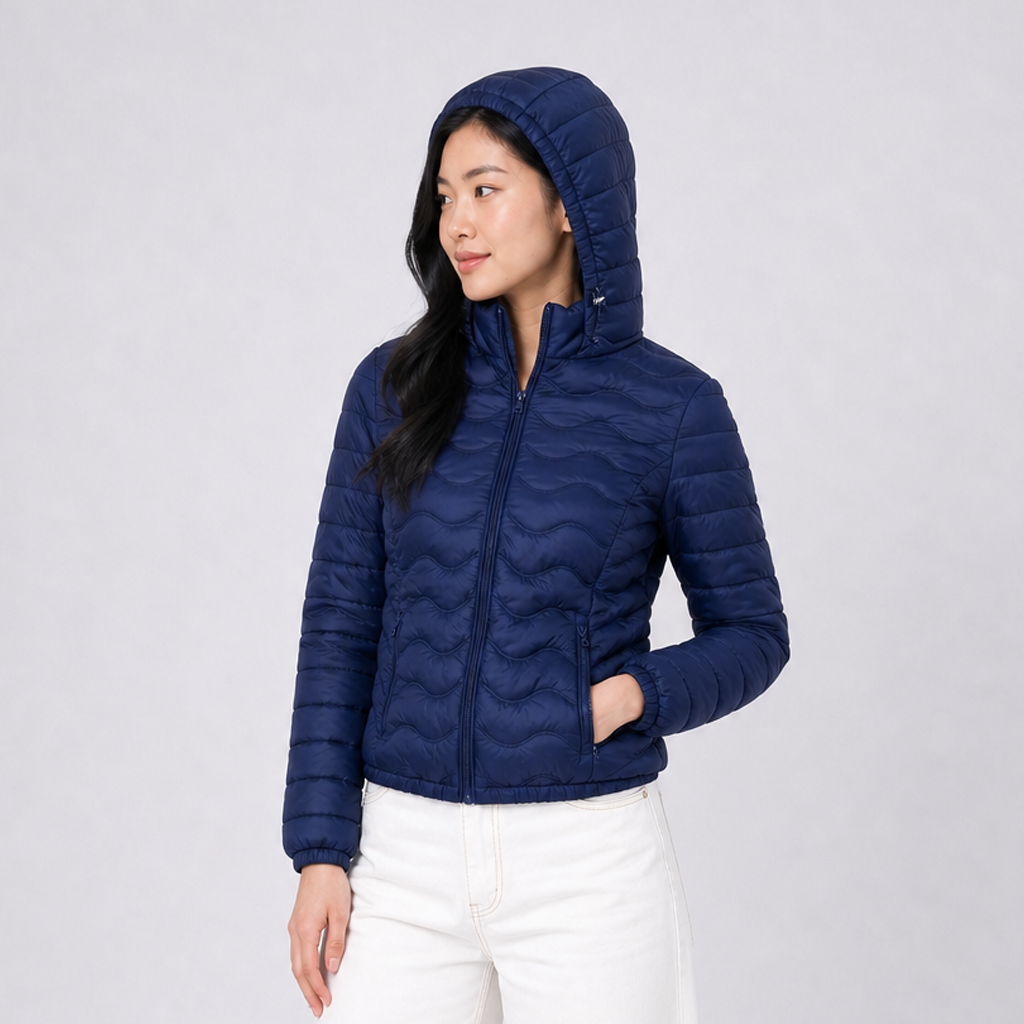 Casaca Puffer Entallada Belinda 8850 Con Capucha Para Mujer - Azul