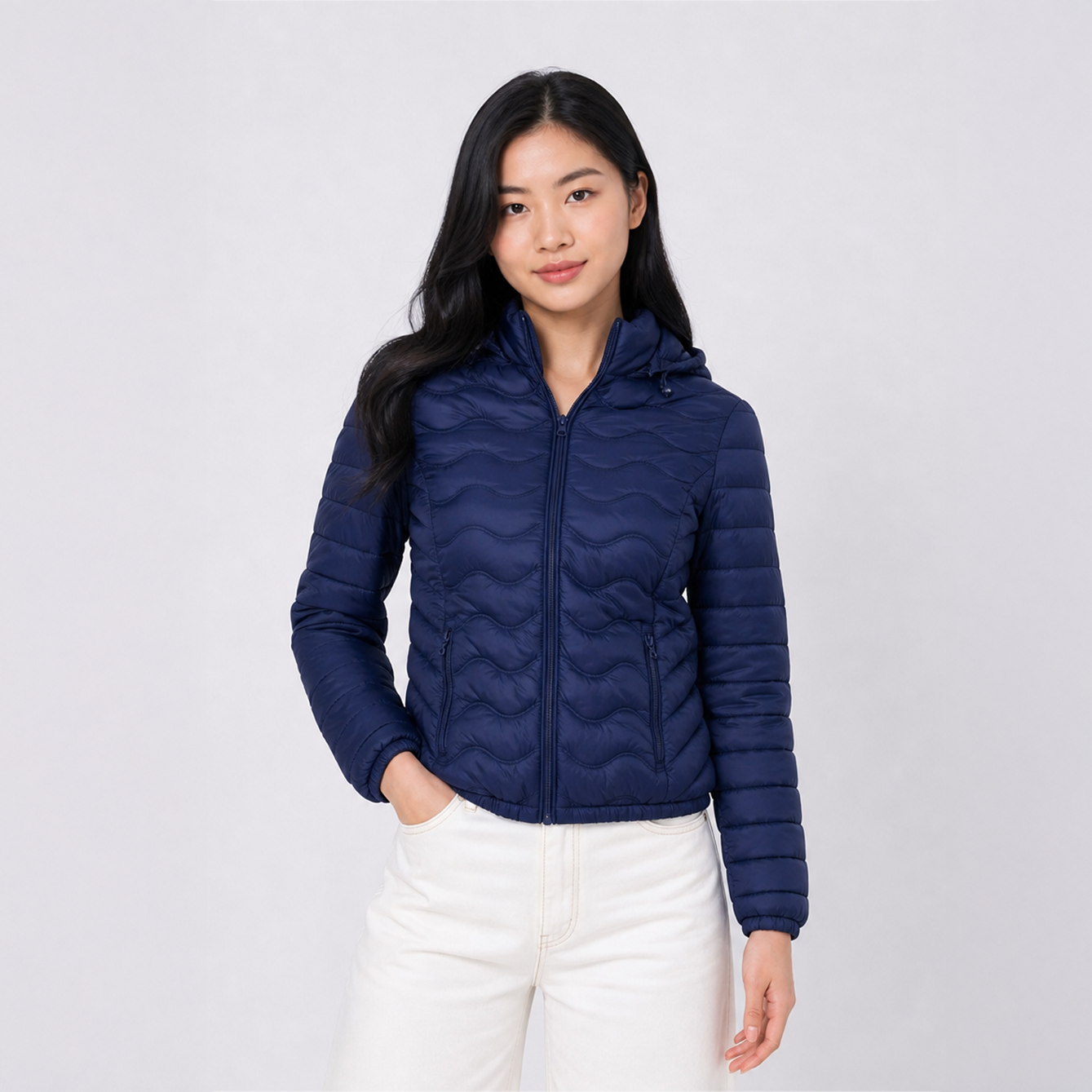 Casaca Puffer Entallada Belinda 8850 Con Capucha Para Mujer - Azul