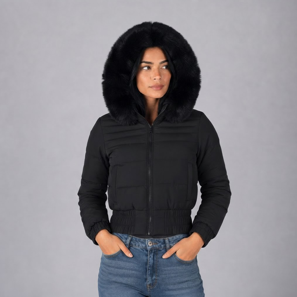 Casaca Crop Puffer Belinda 9918 Con Capucha Peluche Para Mujer - Negro