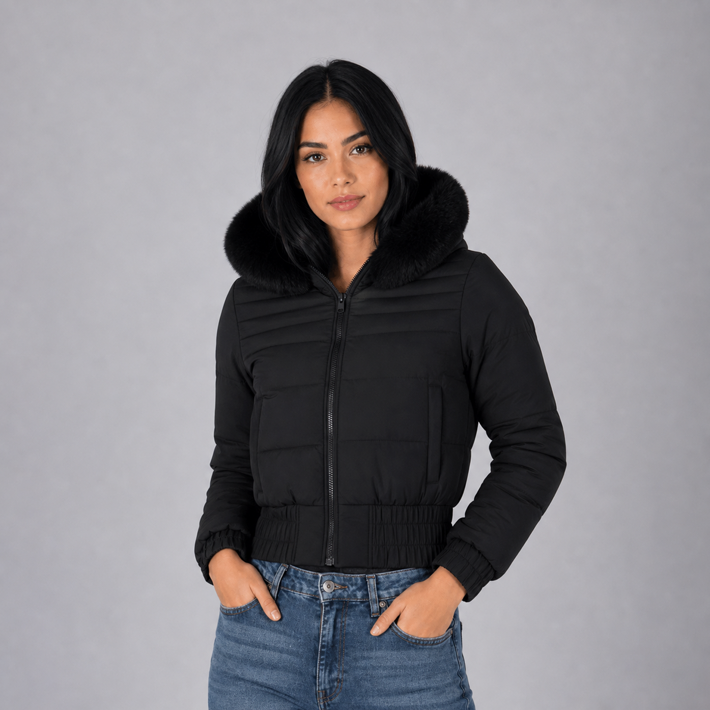 Casaca Crop Puffer Belinda 9918 Con Capucha Peluche Para Mujer - Negro