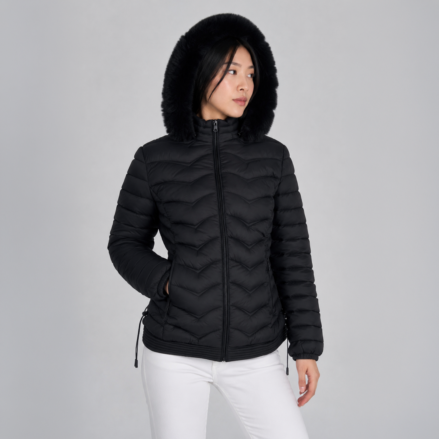 Casaca Puffer Entallada Belinda A2707 Con Capucha Peluche Para Mujer - Negro