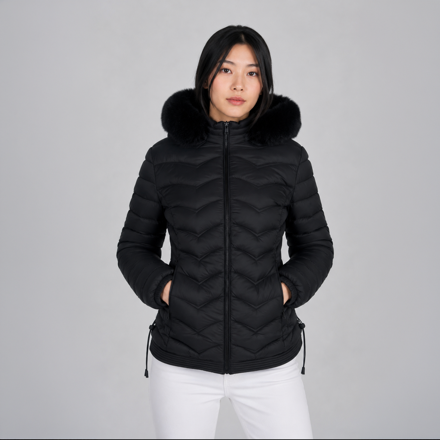 Casaca Puffer Entallada Belinda A2707 Con Capucha Peluche Para Mujer - Negro