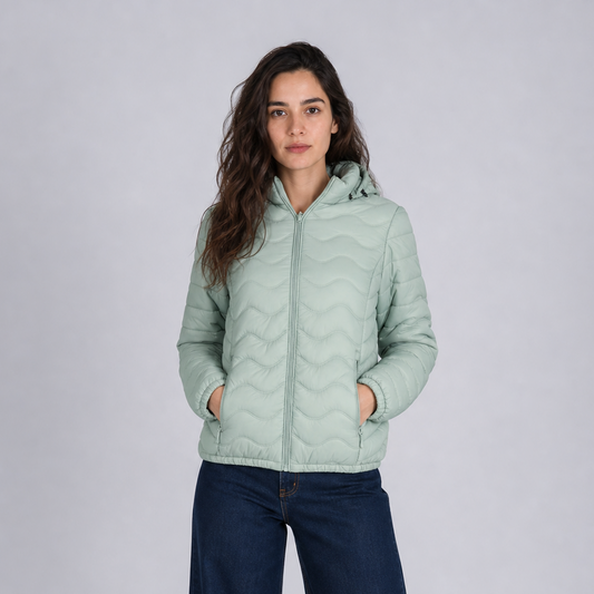 Casaca Puffer Entallada Belinda 8850 Con Capucha Para Mujer - Verde