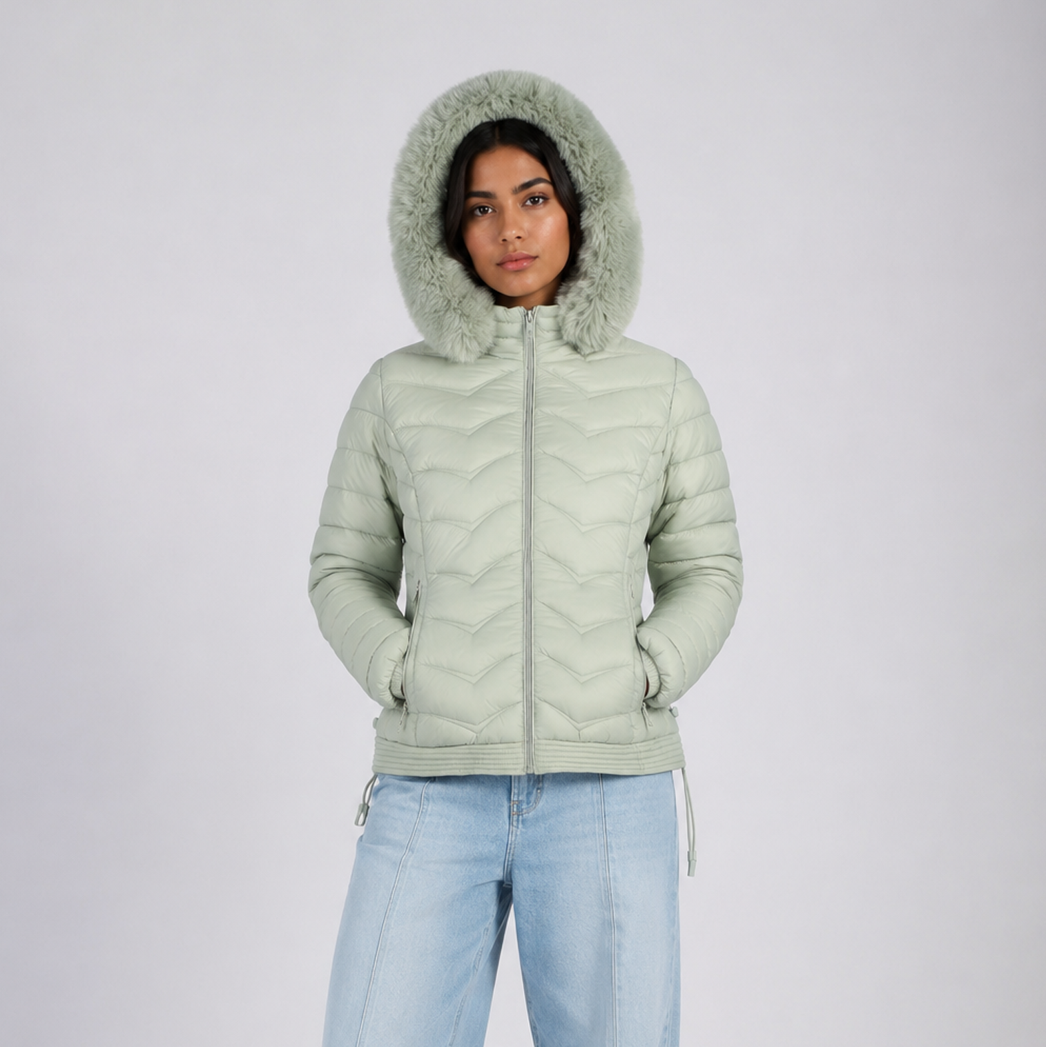 Casaca Puffer Entallada Belinda A2707 Con Capucha Peluche Para Mujer - Verde