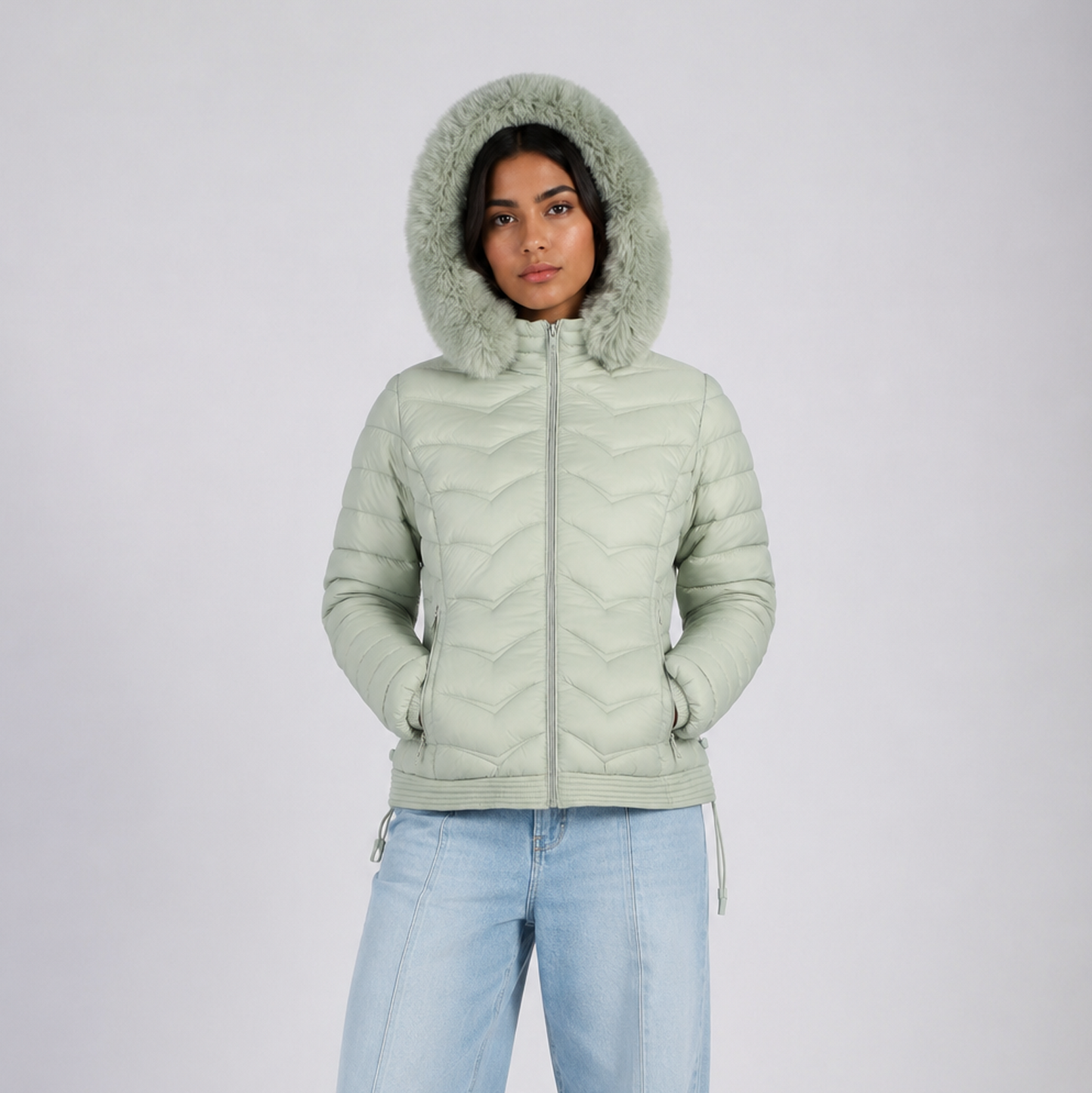 Casaca Puffer Entallada Belinda A2707 Con Capucha Peluche Para Mujer - Verde