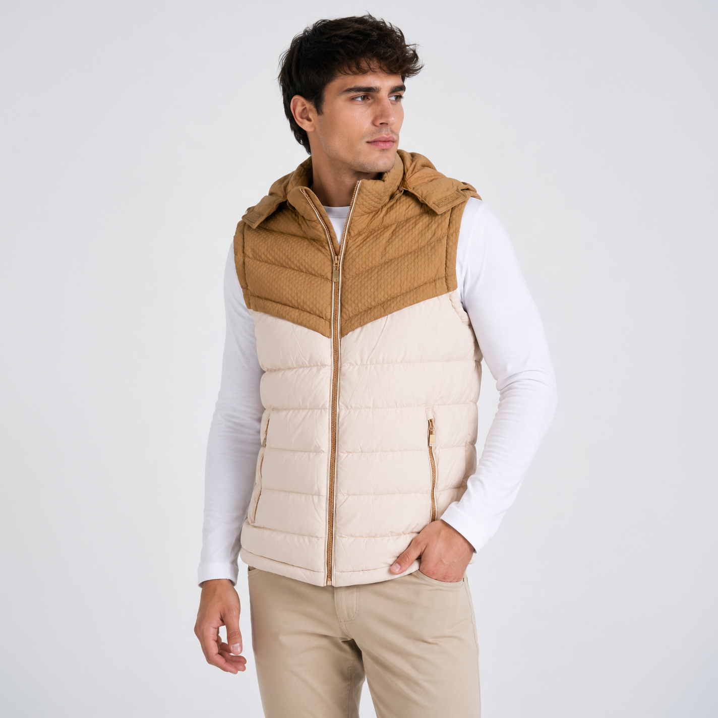 Chaleco Puffer Hombre con Capucha Ajustable LX2618 - Beige